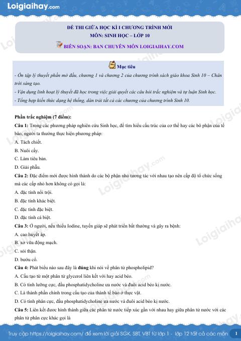 Đề thi giữa kì 1 Sinh 10 Chân trời sáng tạo - Đề số 10